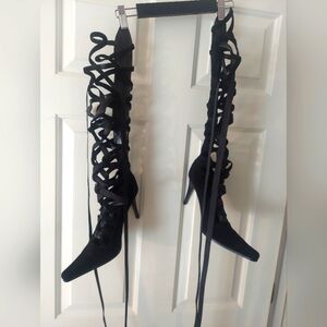 Black suede lace up knee boot size 10